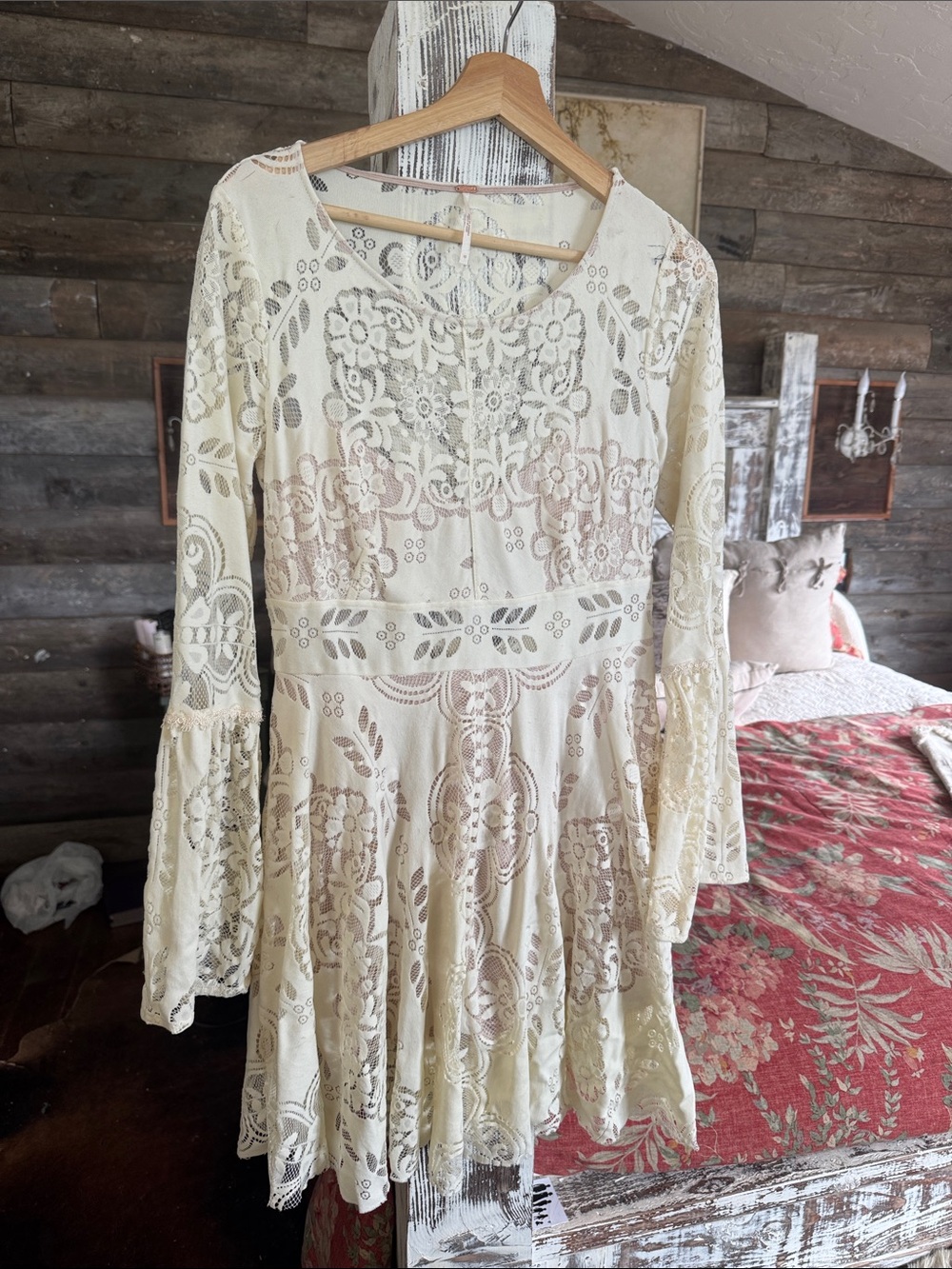 Free People Cream Lace Long-Sleeve Fit-and-Flare Dress